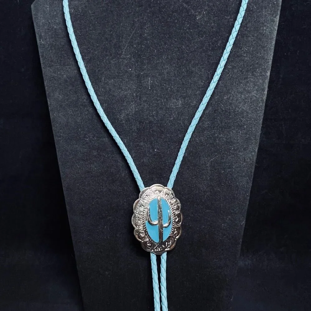 Western Aqua Blue & Silver Tone Cactus Bolo Tie Necklace (4735-1 to -5) - Picture 2 of 5